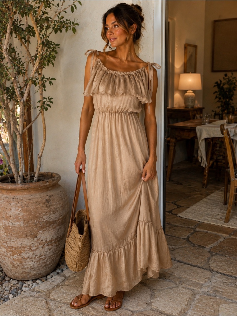 H&M Beige Ruffled Maxi Dress